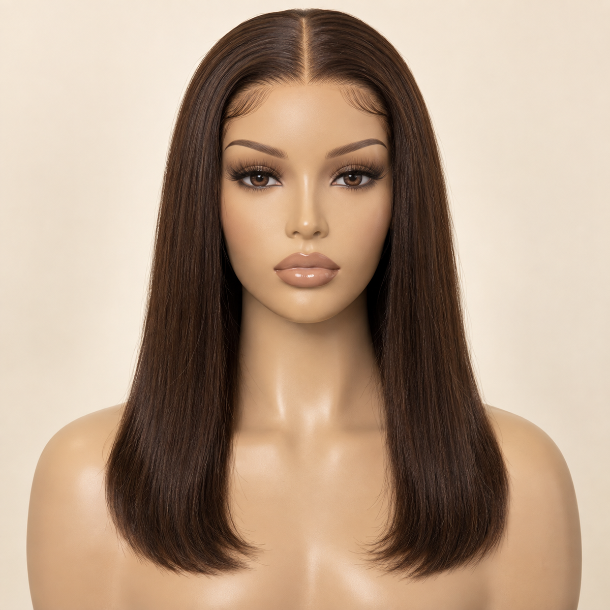 Chocolate Brown Straight 13x4 Lace Front Human Hair Wig, 14 inch, matching length mannequin view, AI-generated visualization