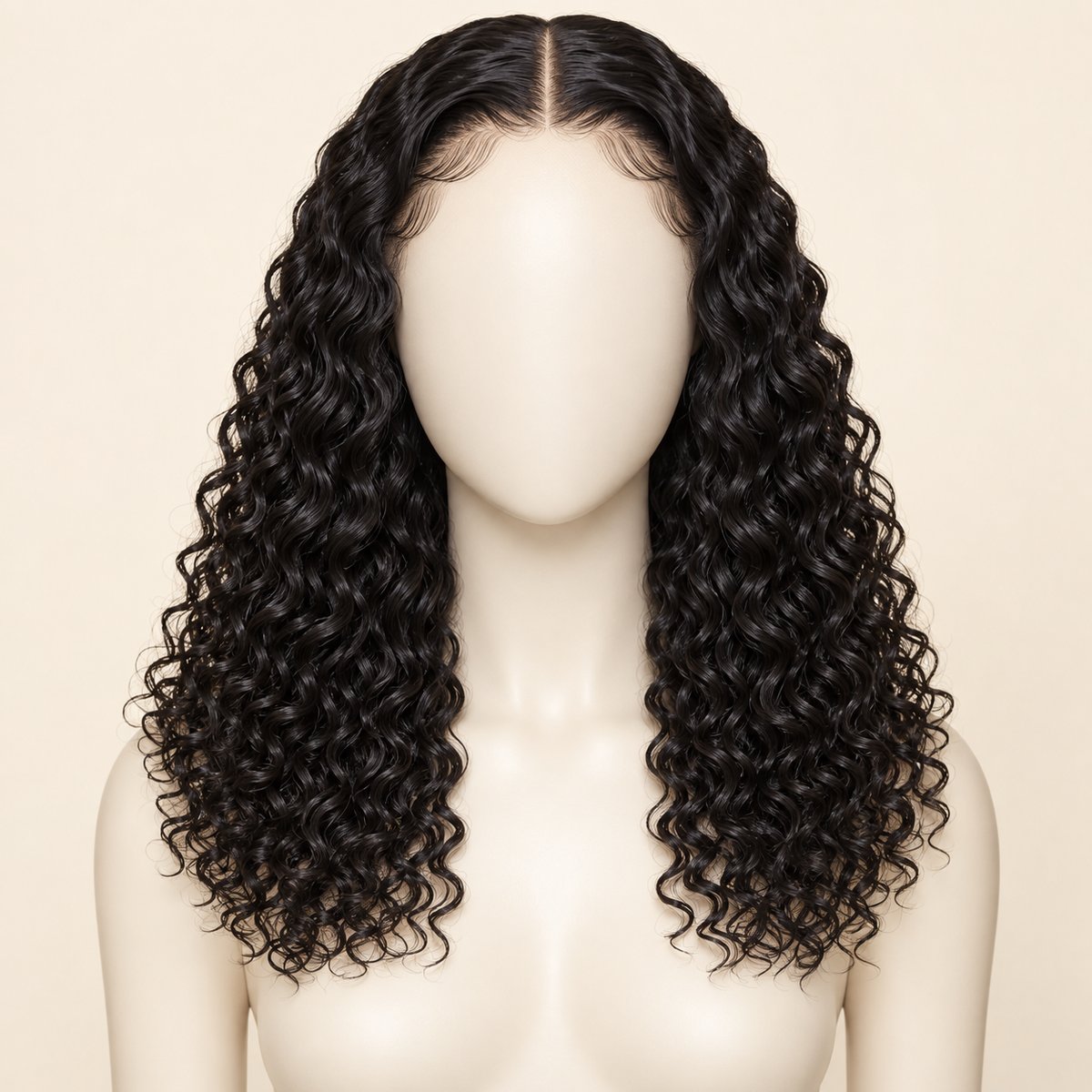 Deep Curly Lace Front Human Hair Wig, natural black 13x4, 16 inch length view, AI-generated visualization