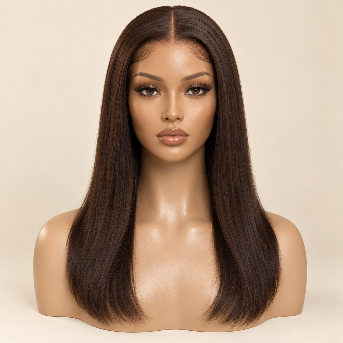 Chocolate Brown Straight 13x4 Lace Front Human Hair Wig, 16 inch, matching length mannequin view, AI-generated visualization