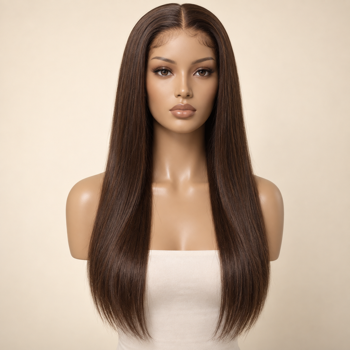 Chocolate Brown Straight 13x4 Lace Front Human Hair Wig, 20 inch, matching length mannequin view, AI-generated visualization