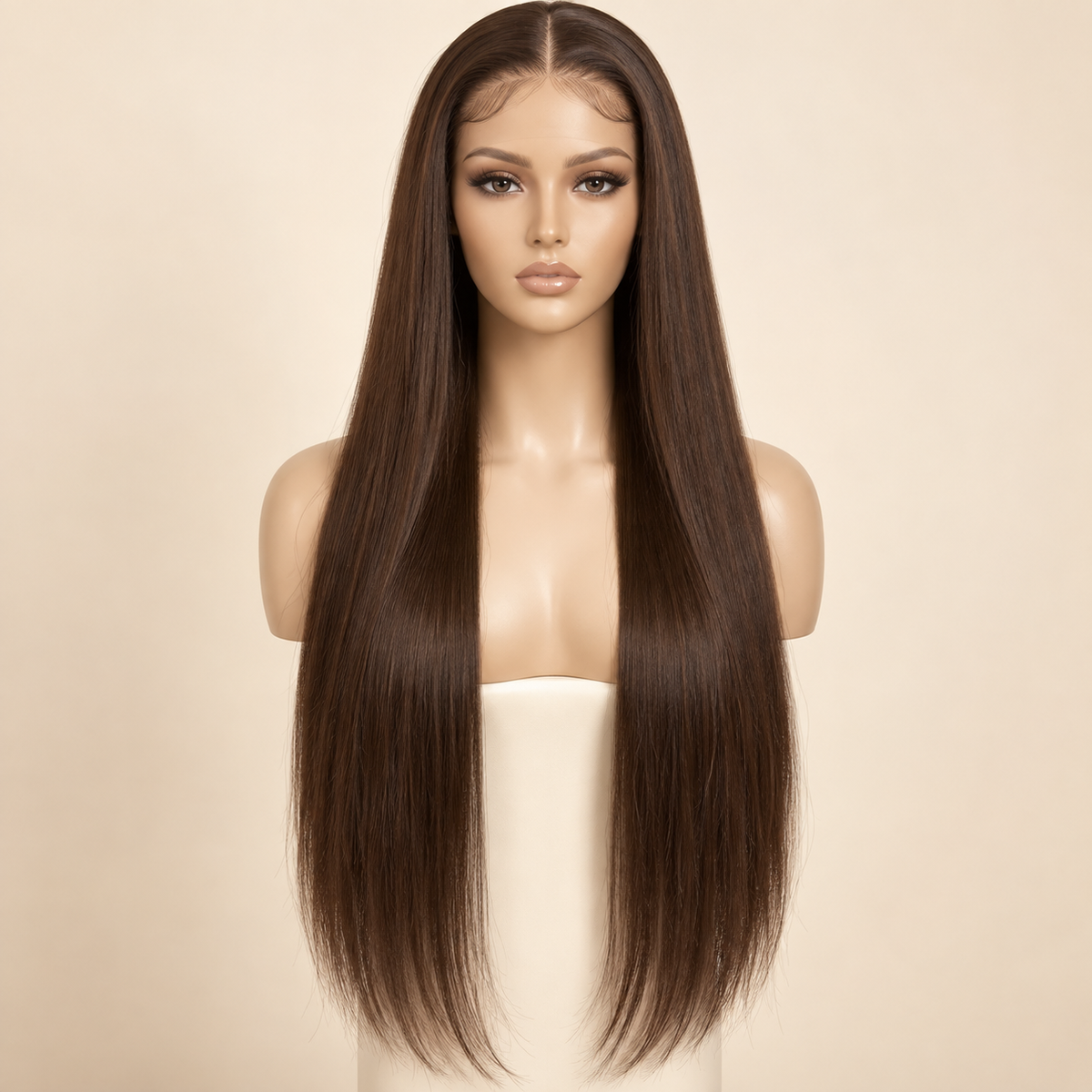Chocolate Brown Straight 13x4 Lace Front Human Hair Wig, 22 inch, matching length mannequin view, AI-generated visualization