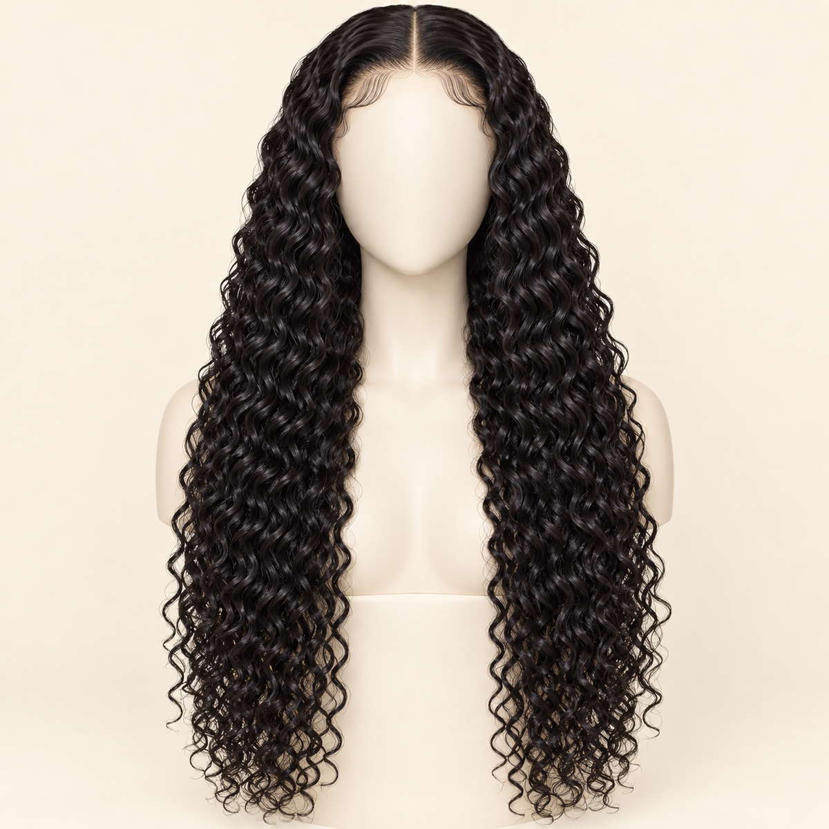 Deep Curly Lace Front Human Hair Wig, natural black 13x4, 24 inch length view, AI-generated visualization