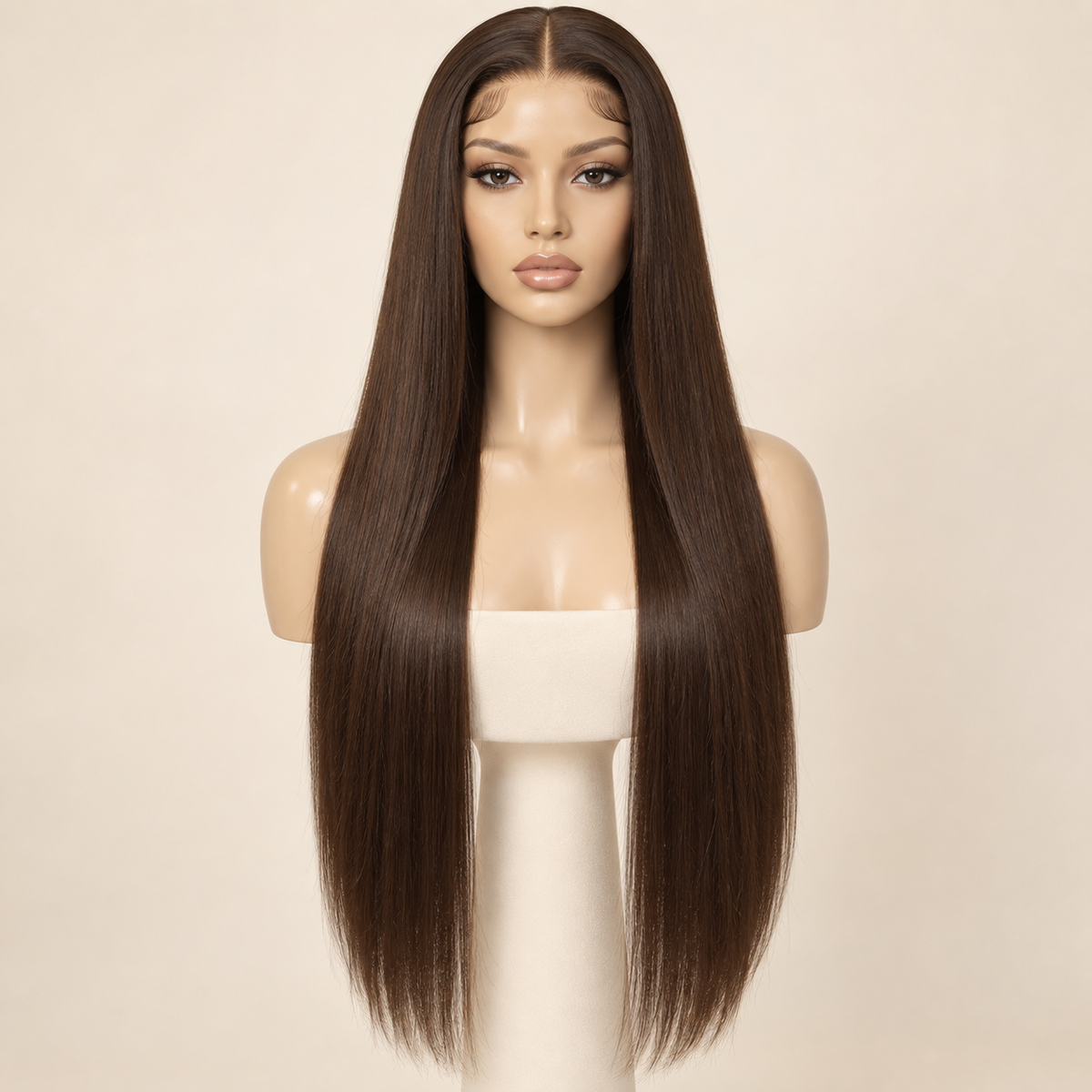 Chocolate Brown Straight 13x4 Lace Front Human Hair Wig, 24 inch, matching length mannequin view, AI-generated visualization