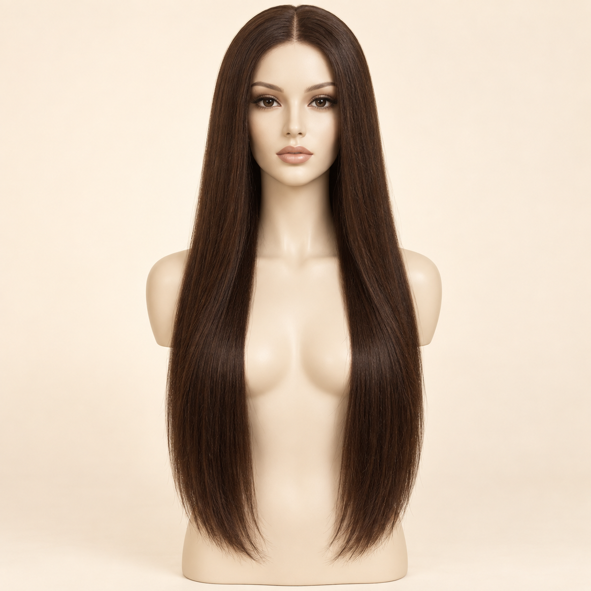 Chocolate Brown Straight 13x4 Lace Front Human Hair Wig, 26 inch, matching length mannequin view, AI-generated visualization