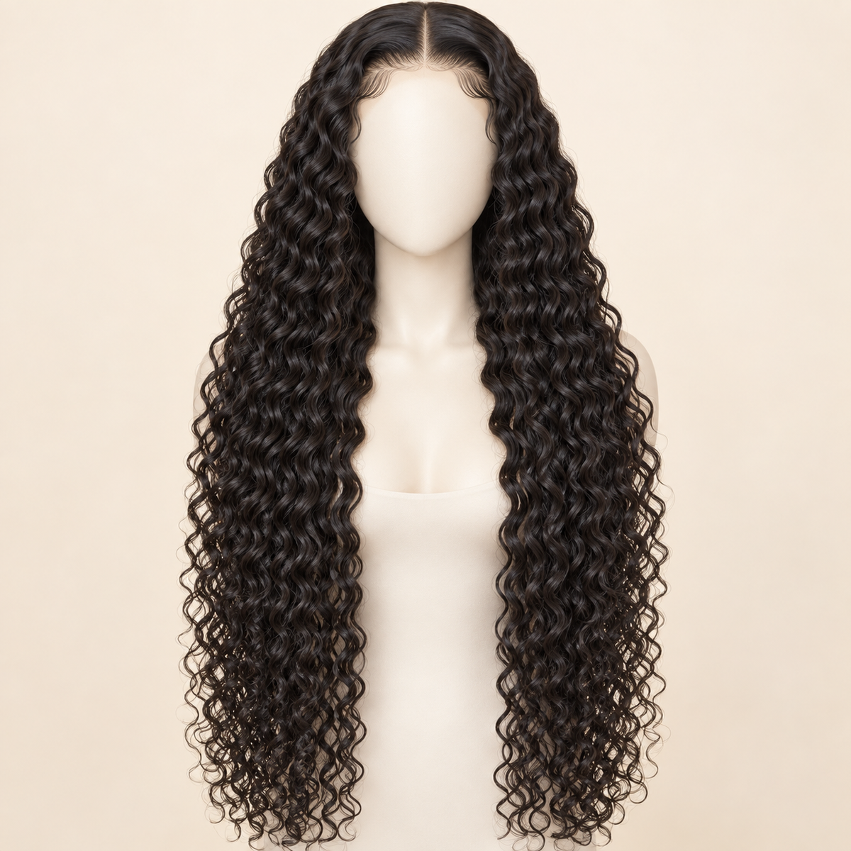 Deep Curly Lace Front Human Hair Wig, natural black 13x4, 28 inch length view, AI-generated visualization