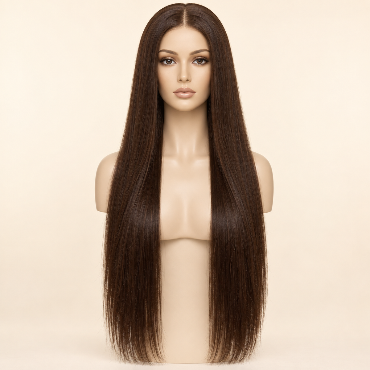 Chocolate Brown Straight 13x4 Lace Front Human Hair Wig, 28 inch, matching length mannequin view, AI-generated visualization