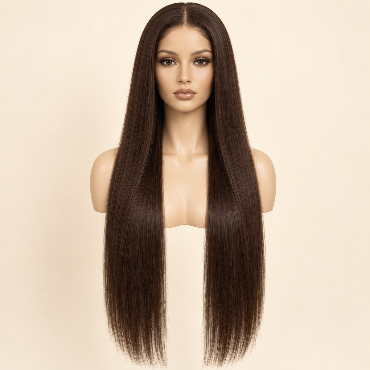 Chocolate Brown Straight 13x4 Lace Front Human Hair Wig, 30 inch, matching length mannequin view, AI-generated visualization