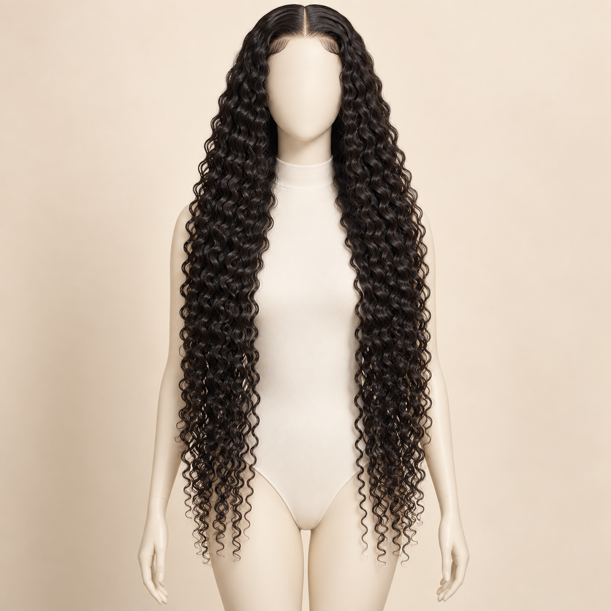 Deep Curly Lace Front Human Hair Wig, natural black 13x4, 32 inch length view, AI-generated visualization
