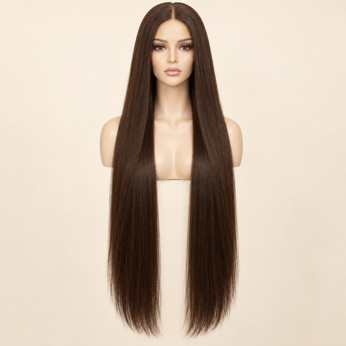 Chocolate Brown Straight 13x4 Lace Front Human Hair Wig, 32 inch, matching length mannequin view, AI-generated visualization