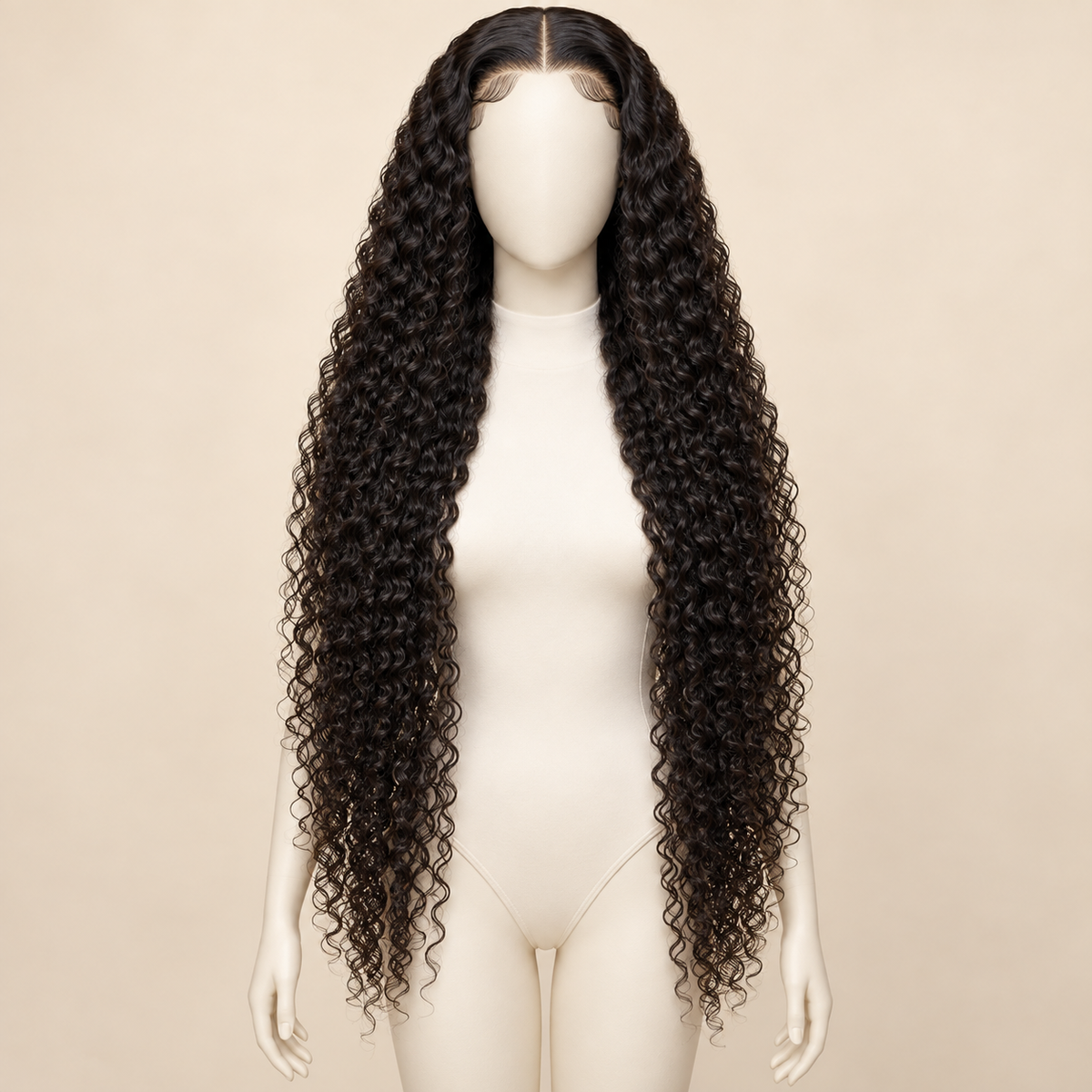 Deep Curly Lace Front Human Hair Wig, natural black 13x4, 34 inch length view, AI-generated visualization