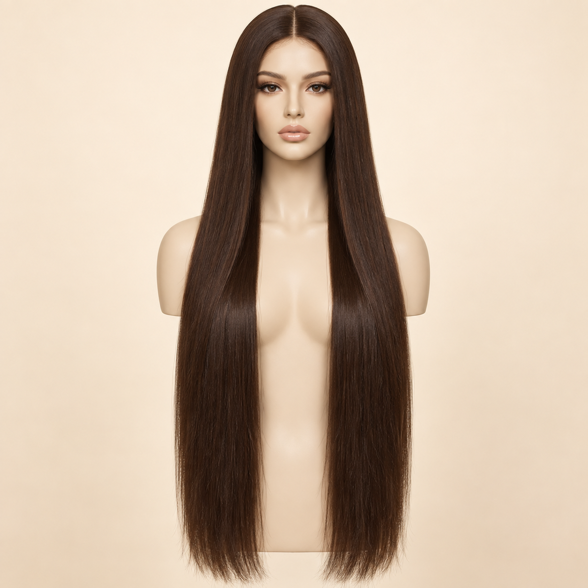 Chocolate Brown Straight 13x4 Lace Front Human Hair Wig, 34 inch, matching length mannequin view, AI-generated visualization