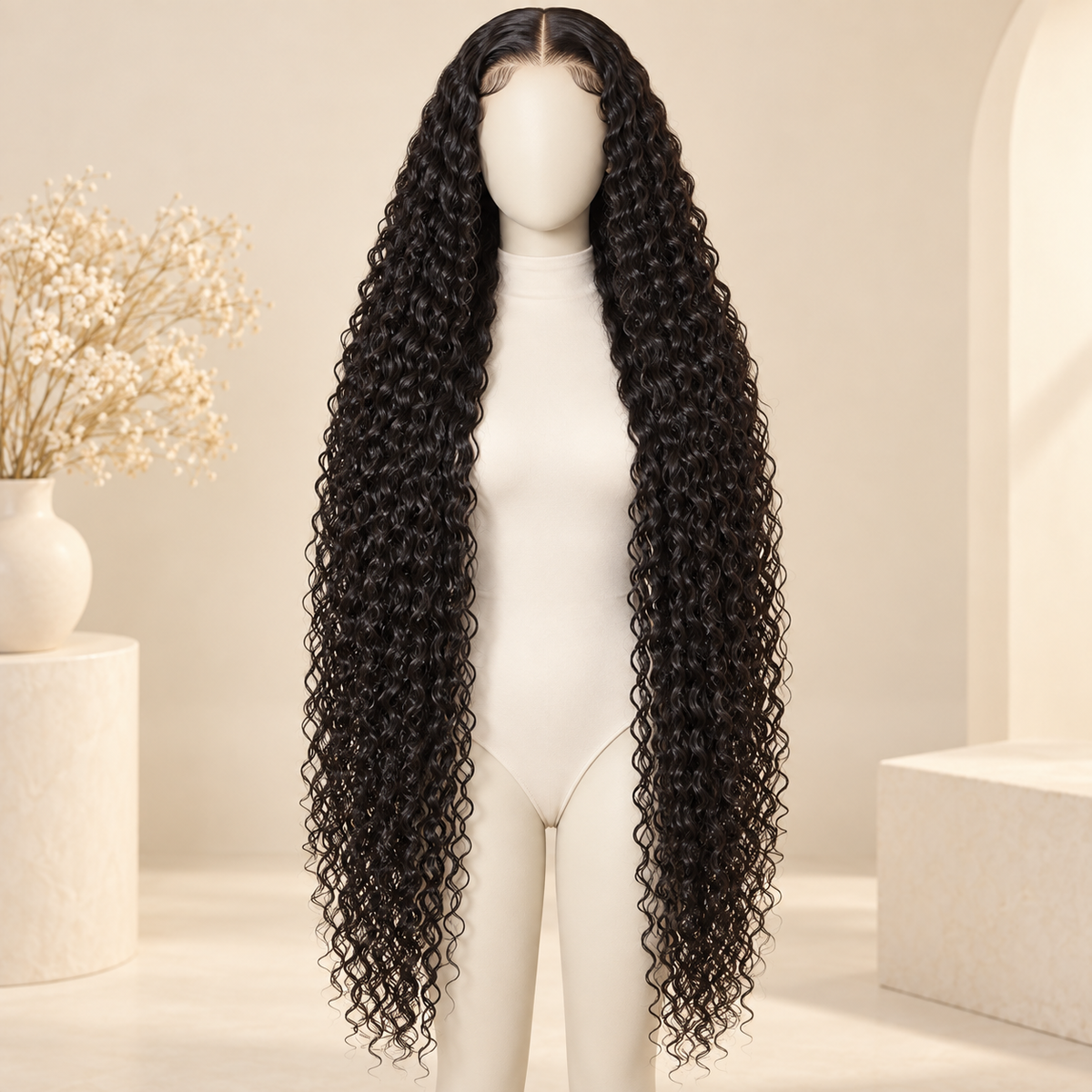 Deep Curly Lace Front Human Hair Wig, natural black 13x4, 36 inch length view, AI-generated visualization
