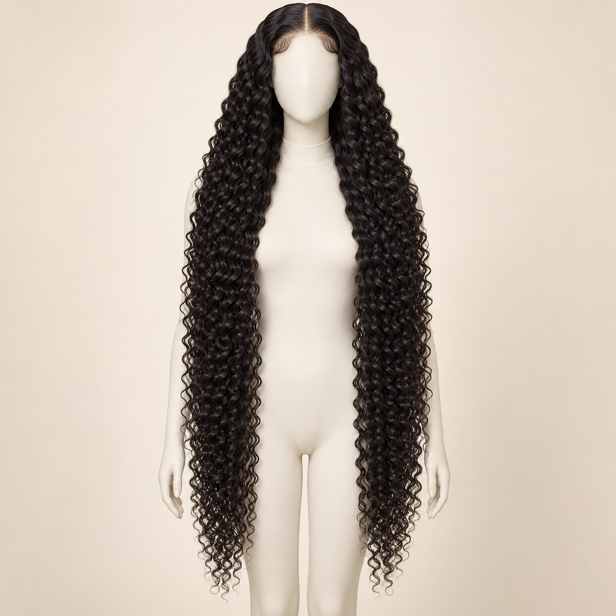 Deep Curly Lace Front Human Hair Wig, natural black 13x4, 38 inch length view, AI-generated visualization