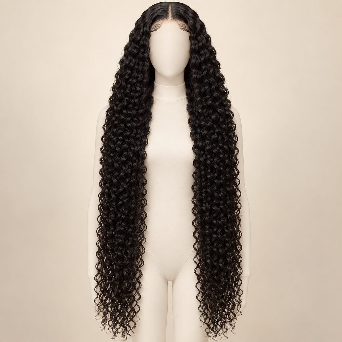 Deep Curly Lace Front Human Hair Wig, natural black 13x4, 40 inch length view, AI-generated visualization