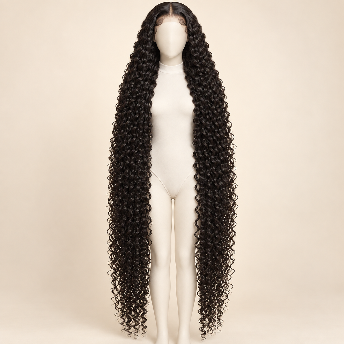 Deep Curly Lace Front Human Hair Wig, natural black 13x4 200% density, 42 inch length view, AI-generated visualization