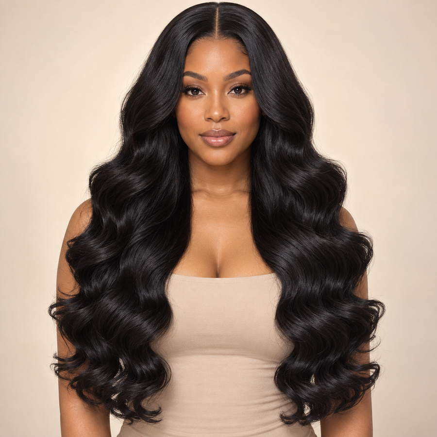 Long Big Wave Curly Synthetic Wig – Black front view, AI-generated visualization