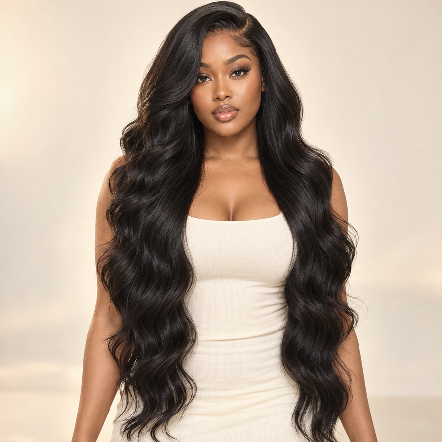 Long Body Wave Lace Front Synthetic Wig 20–32 inch – 1B natural black deep-side-part front view, AI-generated visualization