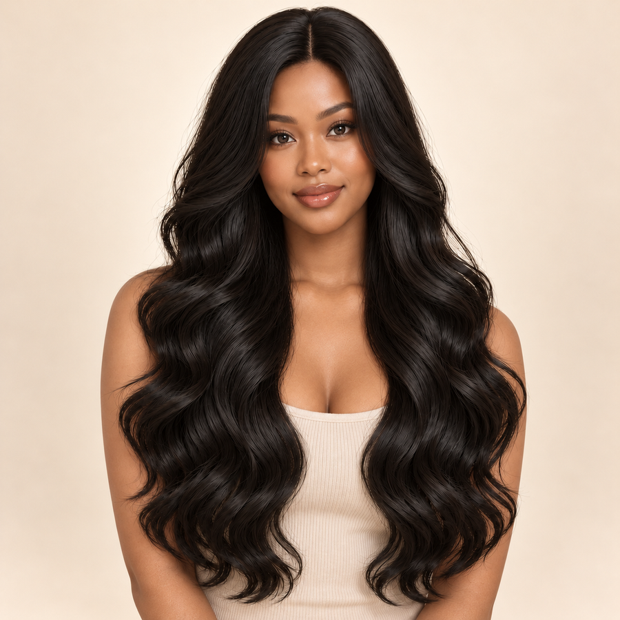AI-generated visualization of Long Body Wave Middle Part Synthetic Wig in natural black, worn by a dark-skinned Black woman, front view.