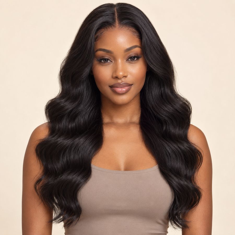 Long Body Wave Lace Front Human Hair Wig – natural black front view, AI-generated visualization