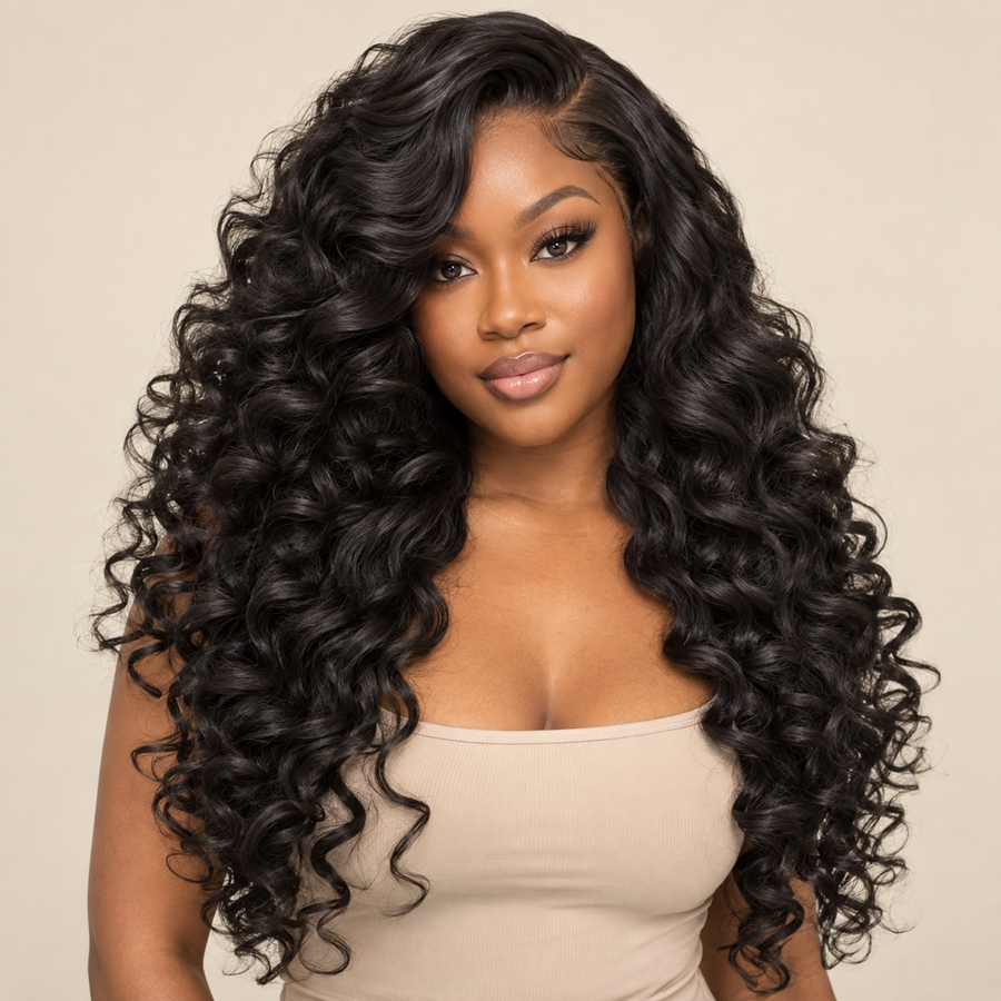 Long Curly Black Wig, 26 Inch — front view visualization (AI-generated)