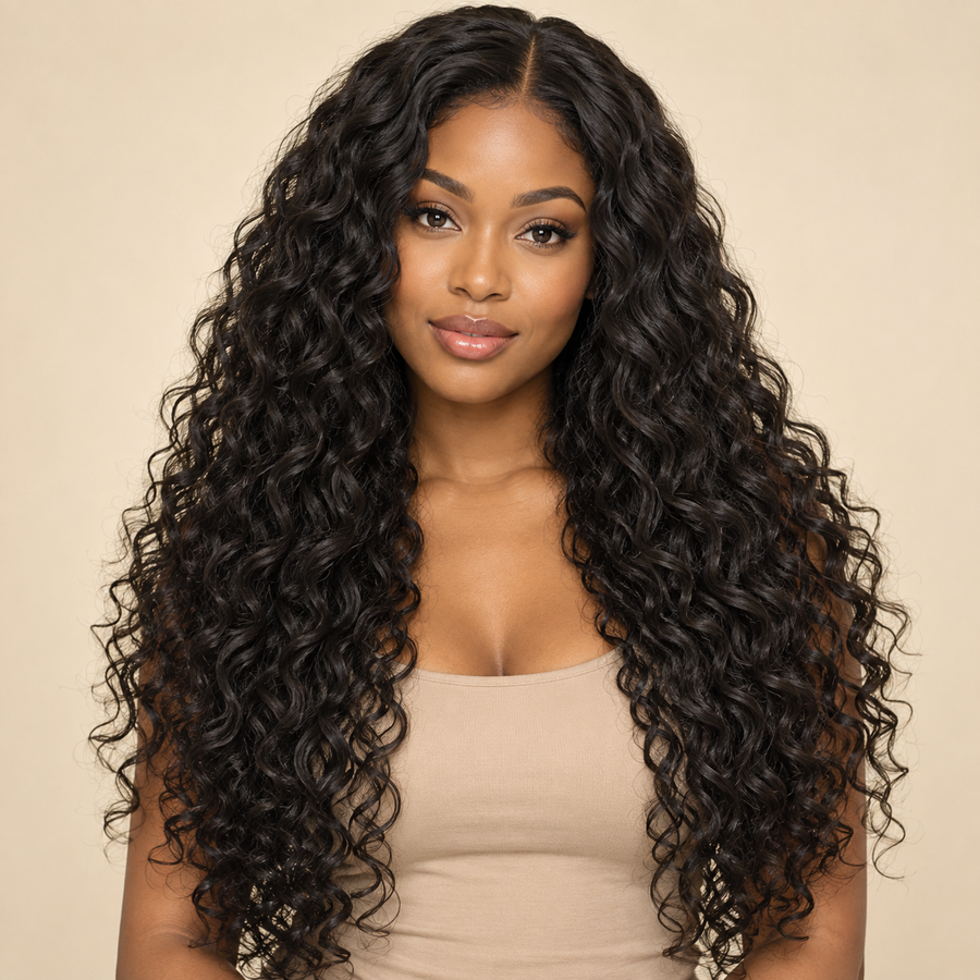 Long Curly Machine-Made Synthetic Wig in Black — front view (AI-generated)