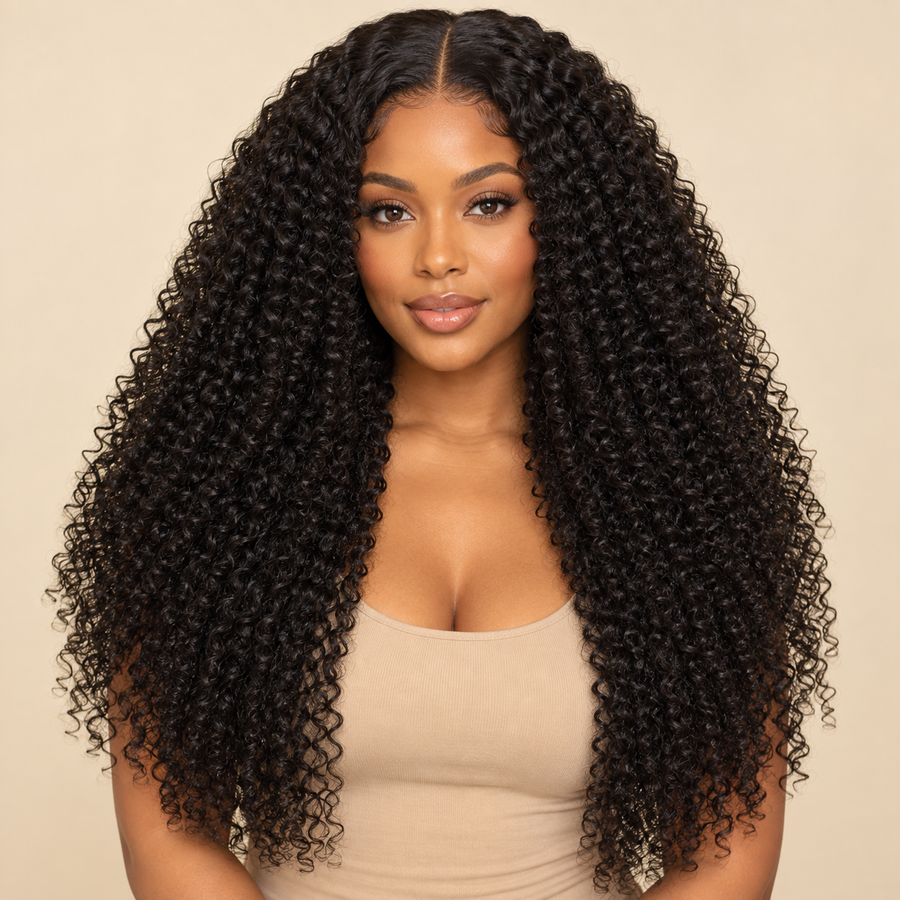 Long Kinky Curly Middle Part Synthetic Wig in Black — primary front visualization