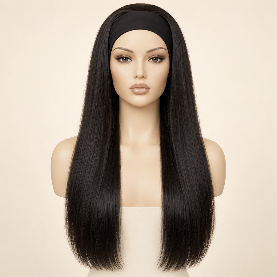 Long Straight Headband Human Hair Wig in Natural Black — primary product visualization