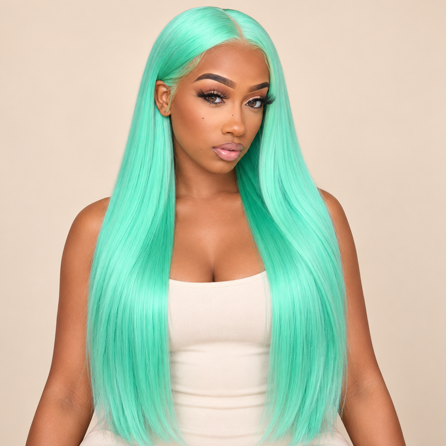 Long Straight Synthetic Wig with Bangs, Green, mint-turquoise wig, model front view; AI-generated visualization.