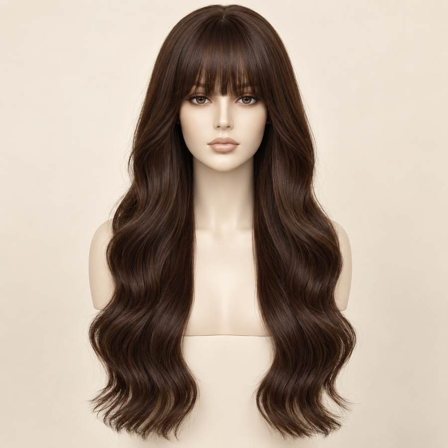 Long Wavy Synthetic Wig with Bangs, 24 inch, LC2262 deep chocolate brown — primary visualization