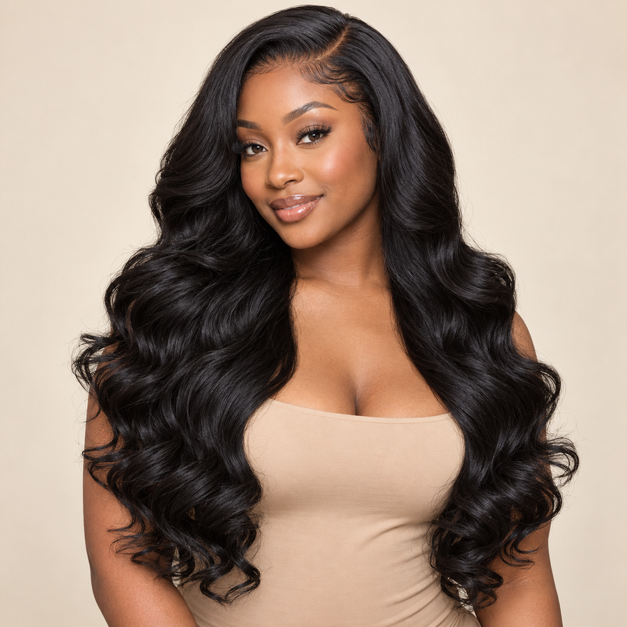 Loose Body Wave 13x4 Lace Front Synthetic Wig in Natural Black — front view visualization