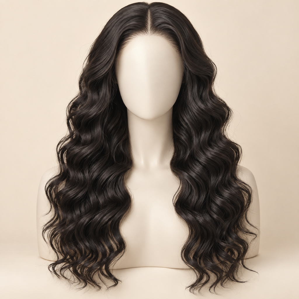 AI-generated visualization of Loose Deep Wave 13x6 HD Lace Front Human Hair Wig on an ivory mannequin, front view
