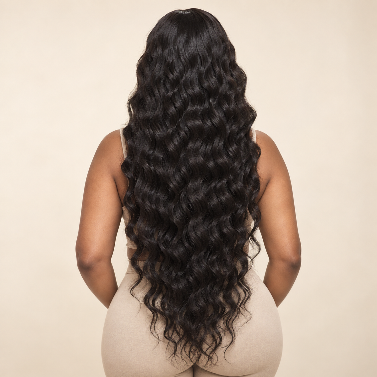 AI-generated visualization of Loose Deep Wave 13x6 HD Lace Front Human Hair Wig, adult model back view