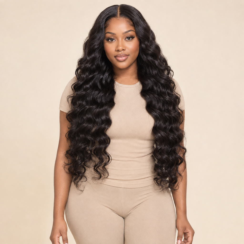 AI-generated visualization of Loose Deep Wave 13x6 HD Lace Front Human Hair Wig, adult model front view