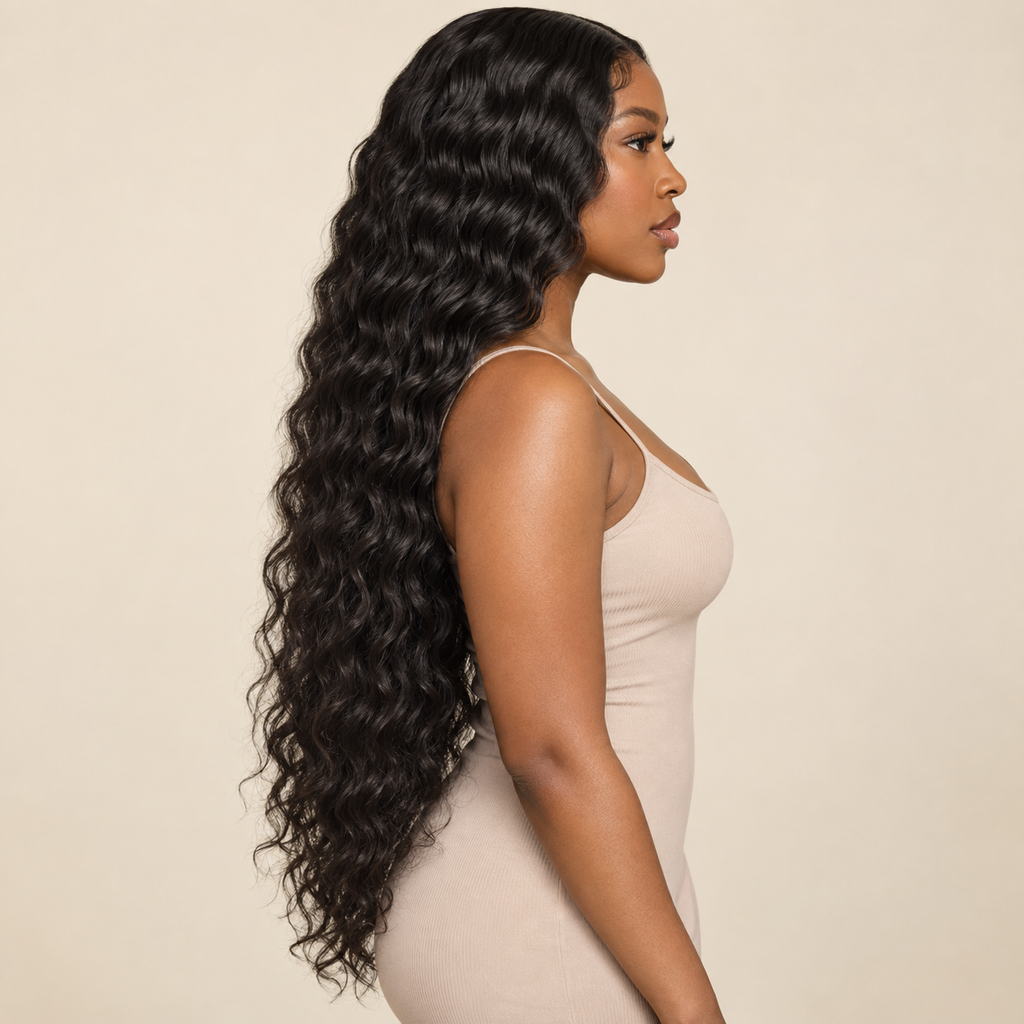 AI-generated visualization of Loose Deep Wave 13x6 HD Lace Front Human Hair Wig, adult model side view