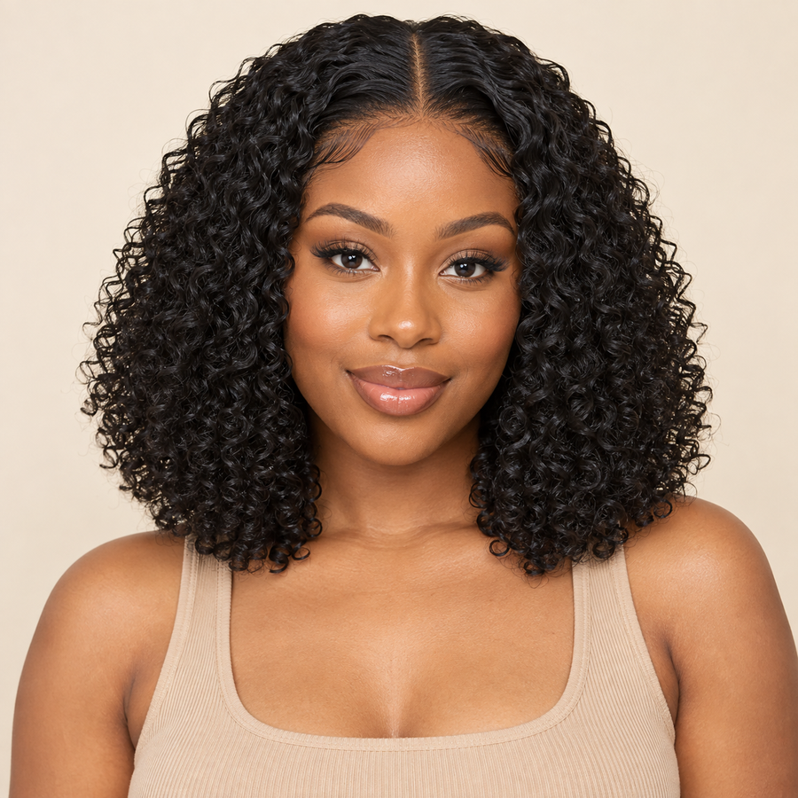 Medium curly T-part lace synthetic wig in black — front view, AI-generated visualization.