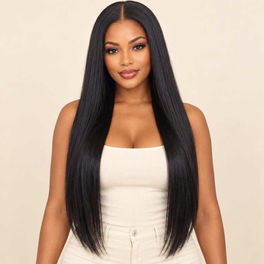 Long Straight Synthetic Wig, black, model front view; AI-generated visualization.