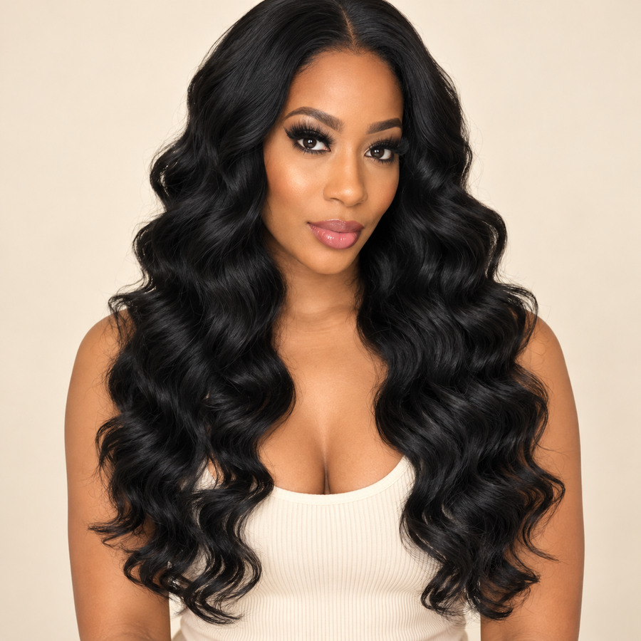 Natural-color body-wave human-hair wig, 22 inch, Black woman front view, AI-generated visualization.