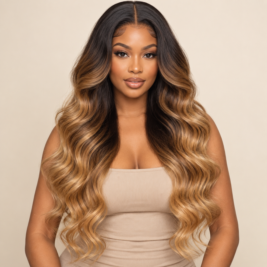 Ombre body wave lace-front human hair wig with dark roots and warm caramel-blonde lengths — front view, AI-generated visualization.