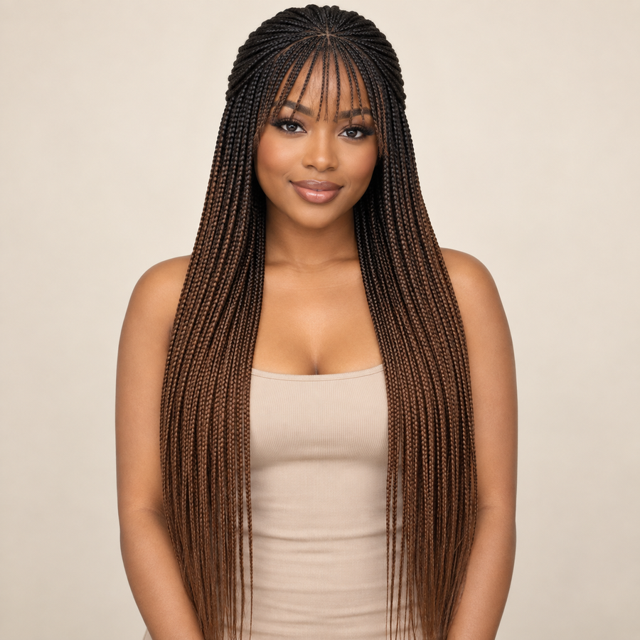 24-inch ombre box braided wig with black roots and chestnut-brown braids — front view, AI-generated visualization.