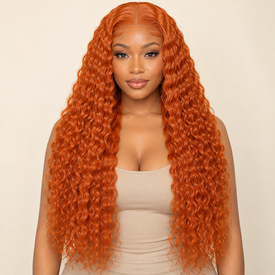Copper-orange deep-wave lace-front synthetic wig — front view, AI-generated visualization.