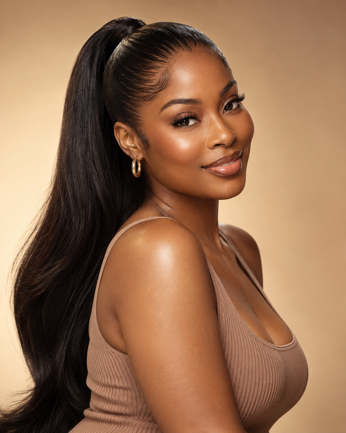 Editorial portrait of an adult Black woman wearing a long sleek ponytail, with no text or product packaging.