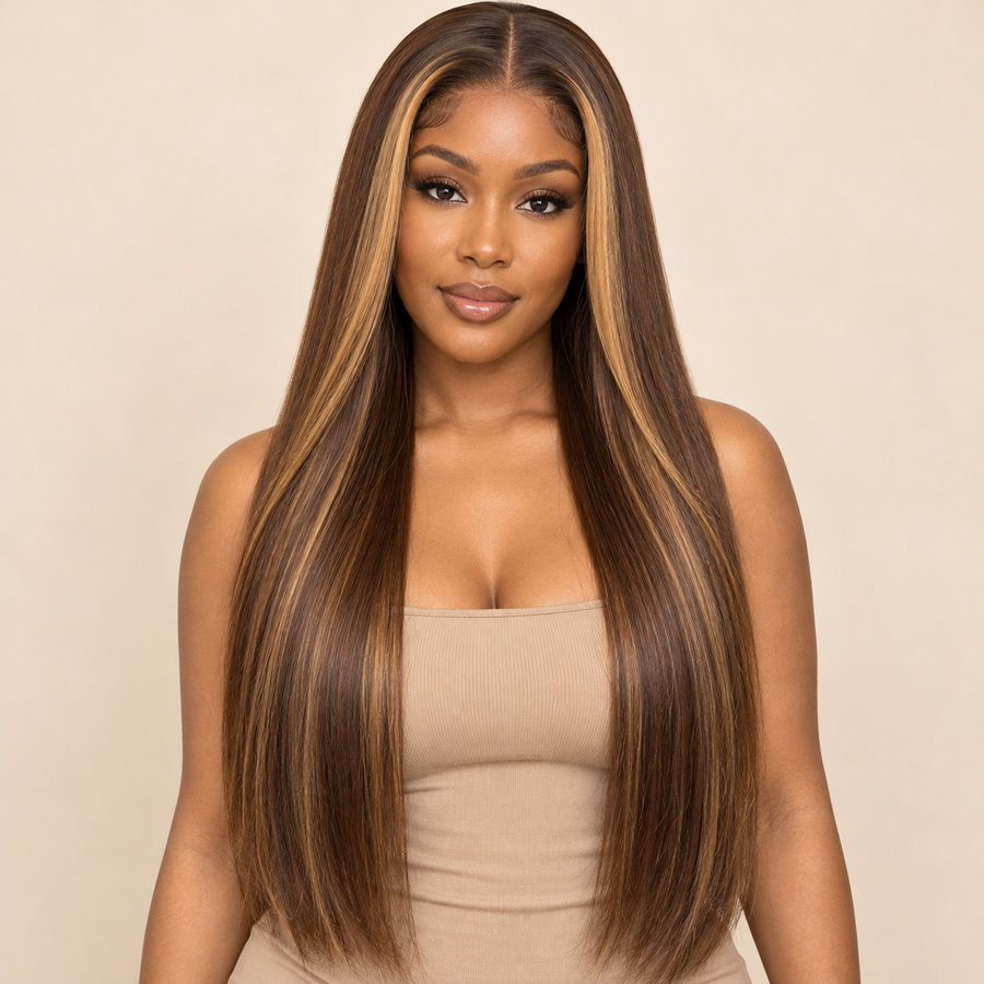 P4/27 highlighted straight closure human hair wig — front view, AI-generated visualization.