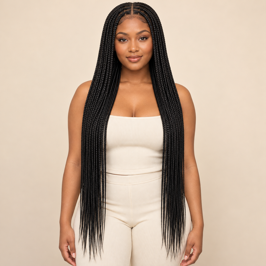 Pre-Stretched Synthetic Braiding Hair, 1A jet black, installed front view, AI-generated visualization