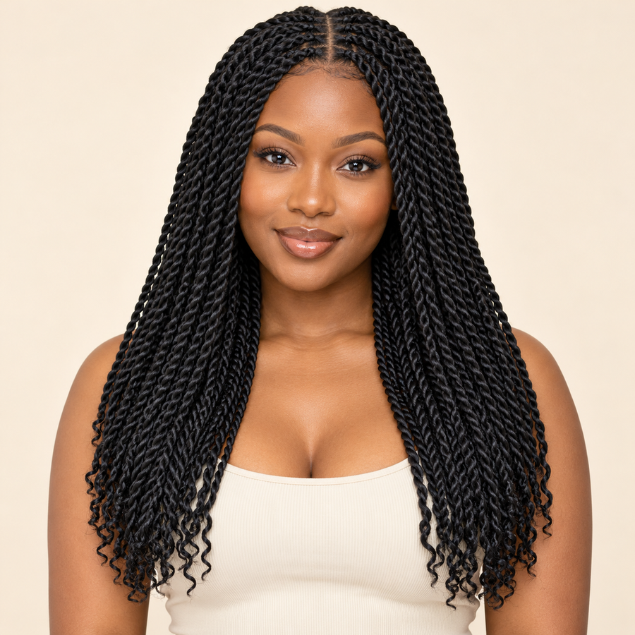 Natural black (1B) Senegalese rope twists installed, front view on model. AI-generated visualization.
