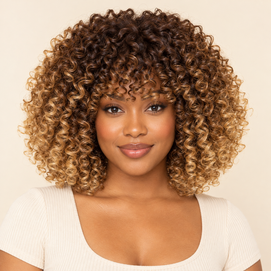 Short afro kinky curly synthetic wig with bangs — honey blonde ombre — front view — AI-generated visualization