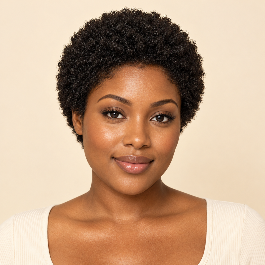 Short afro kinky curly human hair wig — 1B natural black — front view — AI-generated visualization