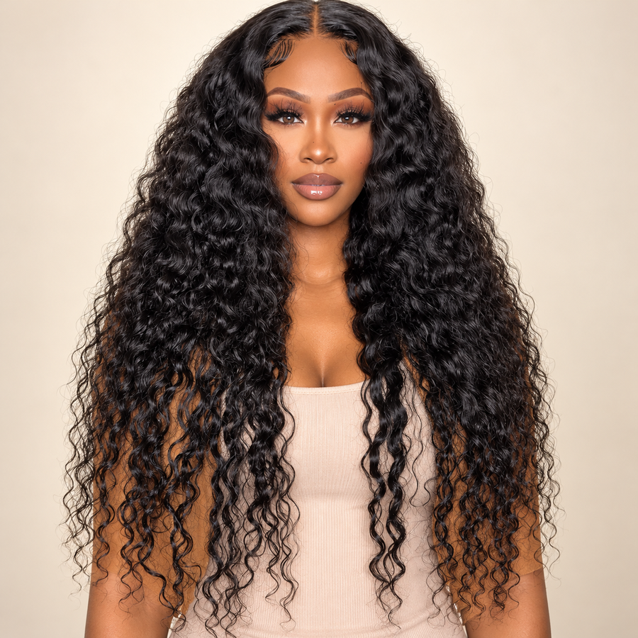 AI-generated visualization: Water Wave 13x4/13x6 human hair wig on a dark-skinned Black woman, front view.
