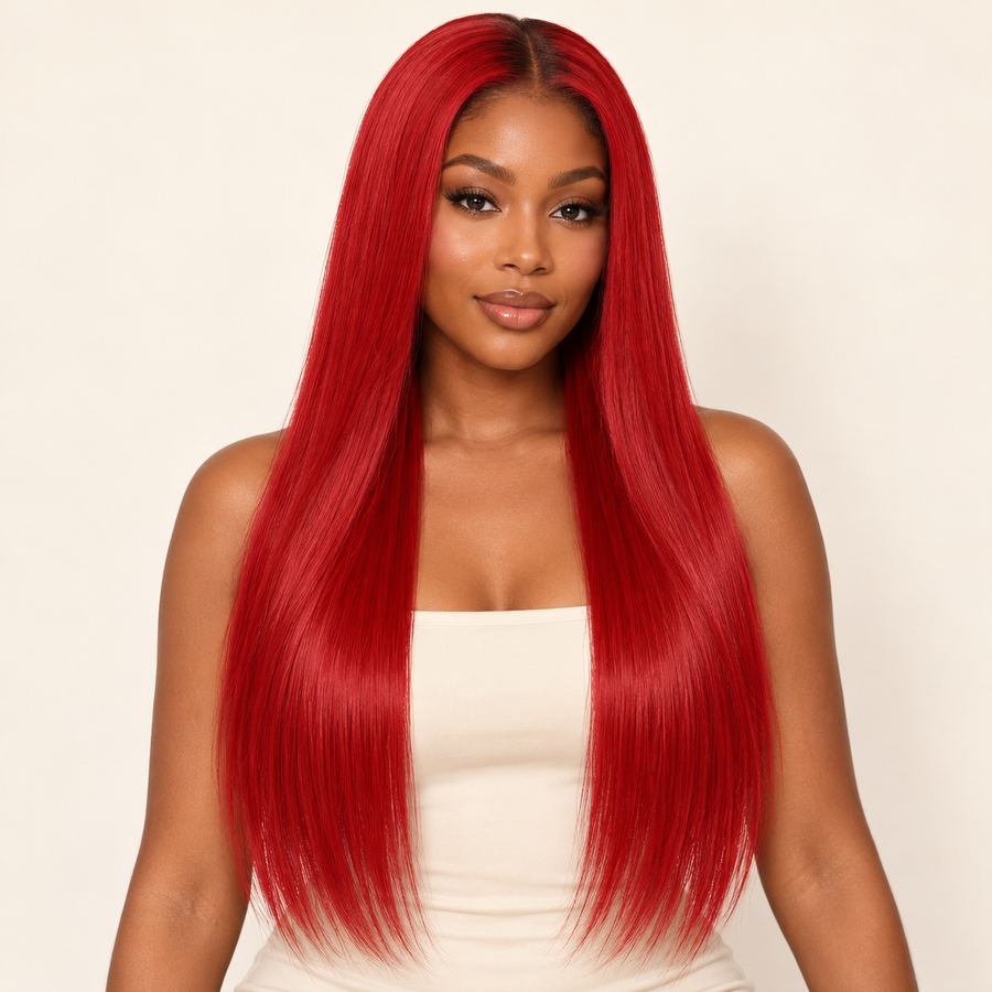 Silky Straight Invisible Wire Synthetic Hair Extension 20 Inch, color 130 bright red, adult dark-skinned Black woman wearing straight extension, AI-generated visualization