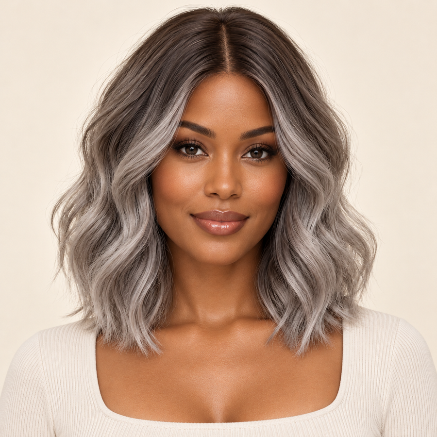 Silver-gray ombre synthetic wig with smoky brown roots, dark-skinned Black woman, front view, AI-generated visualization