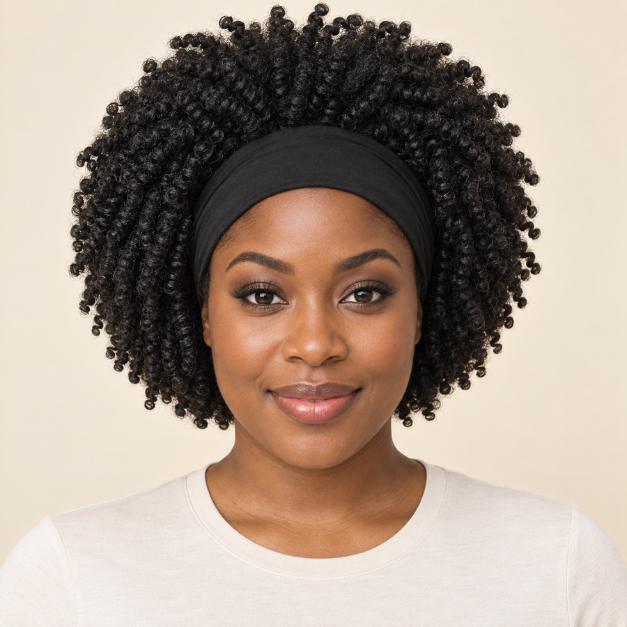 Black sports headband afro wig, front view, AI-generated visualization